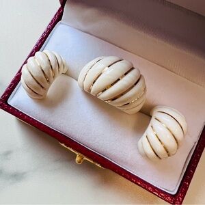 Classy Vintage 1960s 14K Gold and Polished Bone Dome Ring and Post Earrings